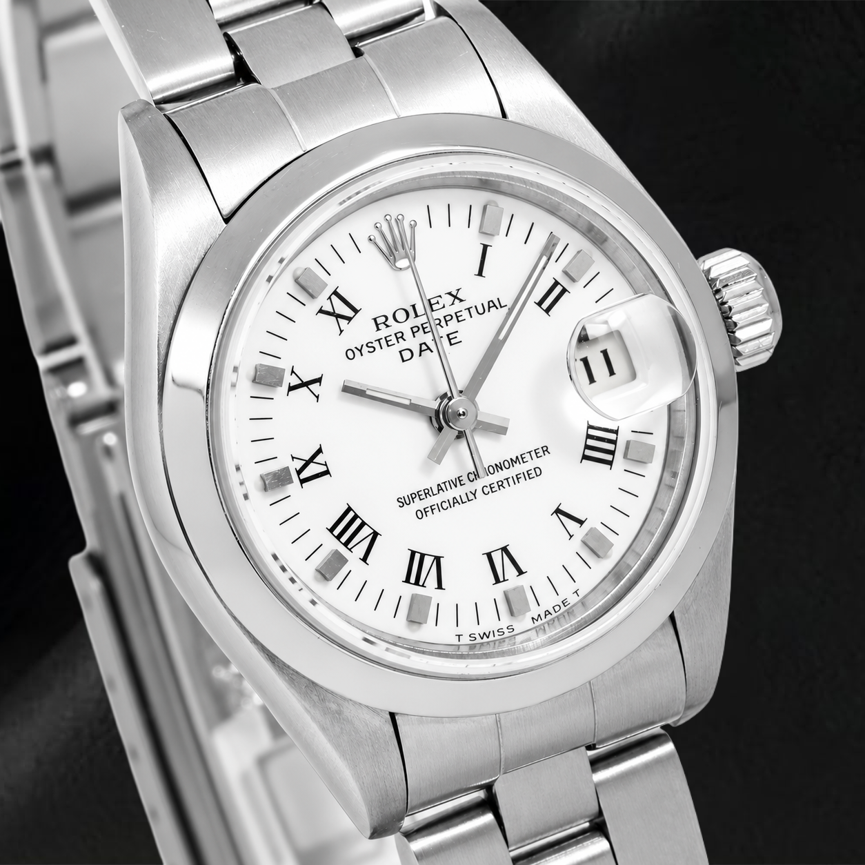 Rolex Date 6916 26 mm Uhr, weißes Zifferblatt mit römischen Ziffern, Edelstahl, Oyster-Armband