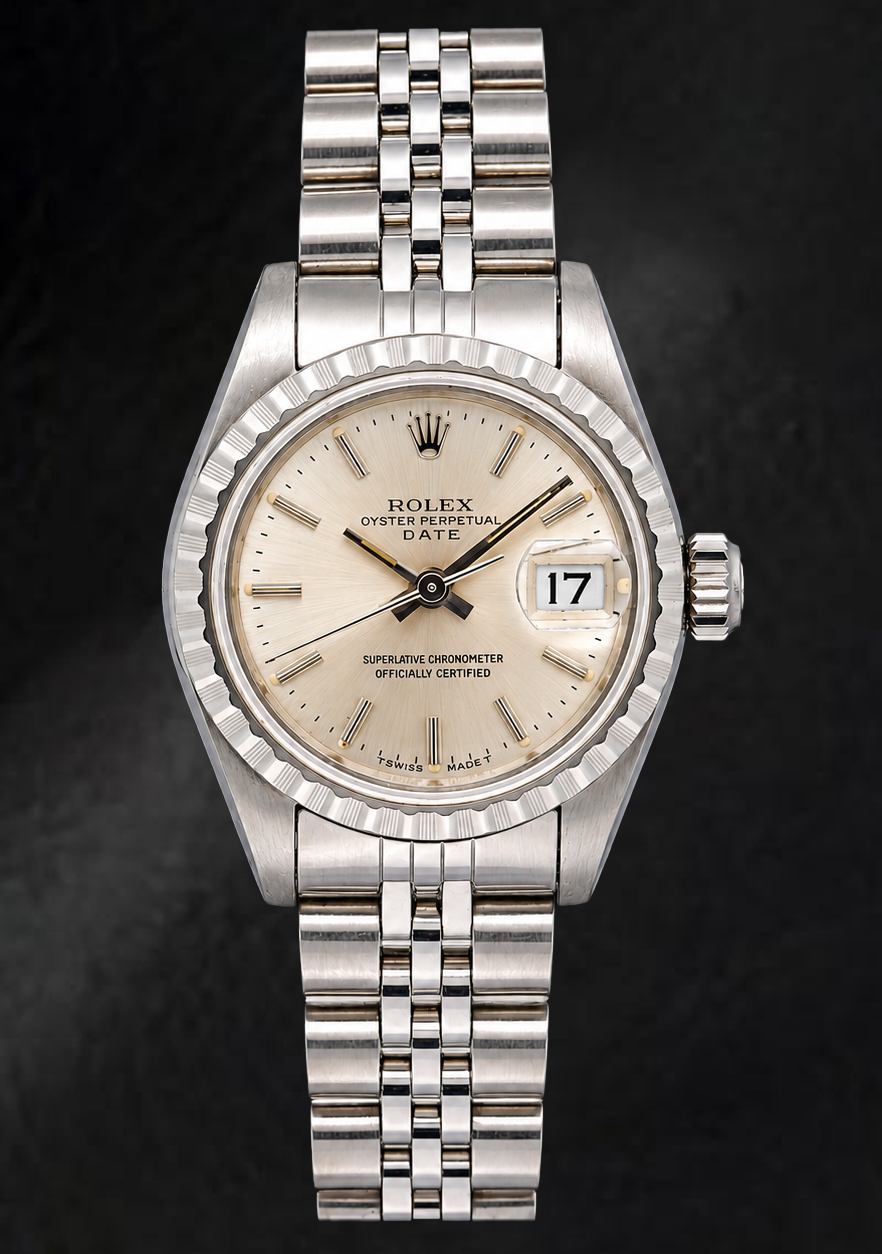 Rolex Date 6924 26 mm Uhr, silbernes Zifferblatt, Edelstahl, Jubilé-Armband