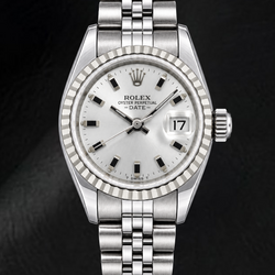 Rolex Date 6924 26 mm Edelstahluhr mit silbernem Zifferblatt mit leuchtenden Stabindizes
