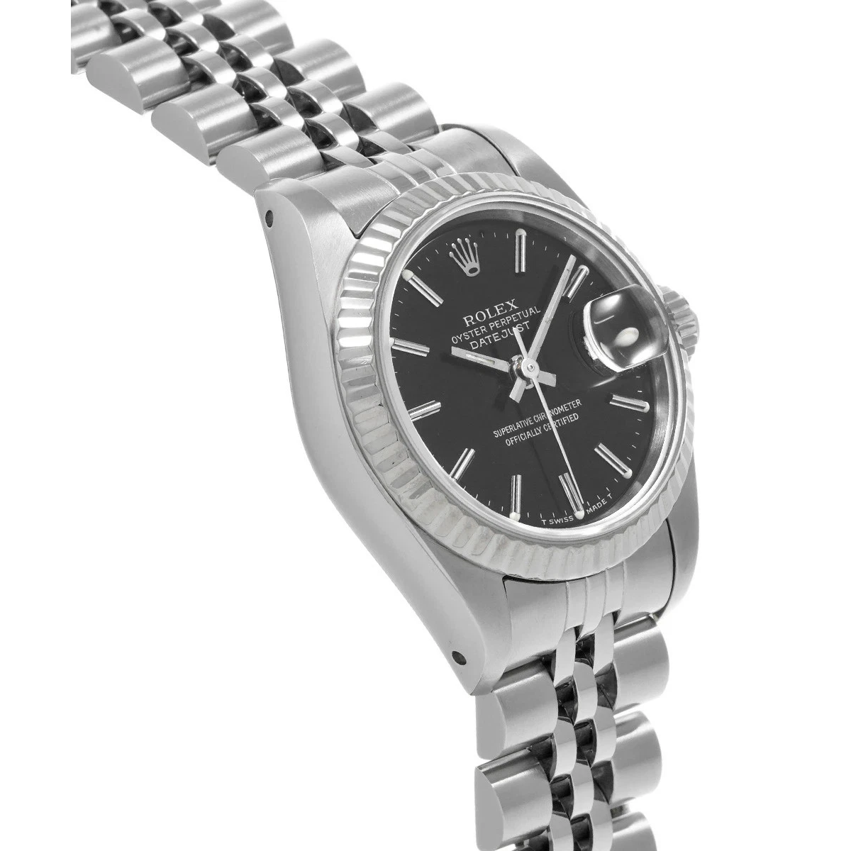 Rolex Date Betrachten Edelstahl Jubilee Armband Schwarzes Zifferblatt mit geriffelter Lünette