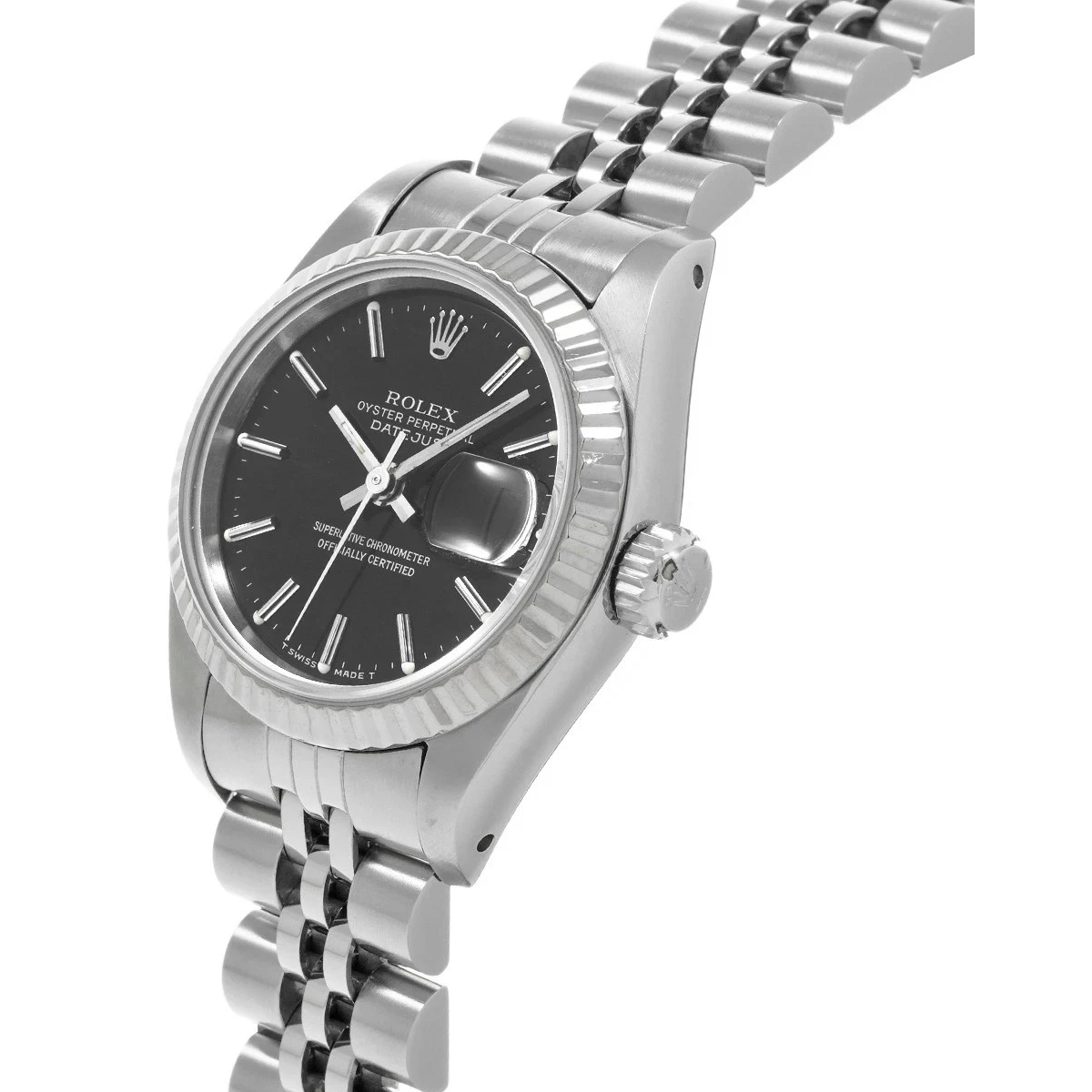 Rolex Date Betrachten Edelstahl Jubilee Armband Schwarzes Zifferblatt mit geriffelter Lünette