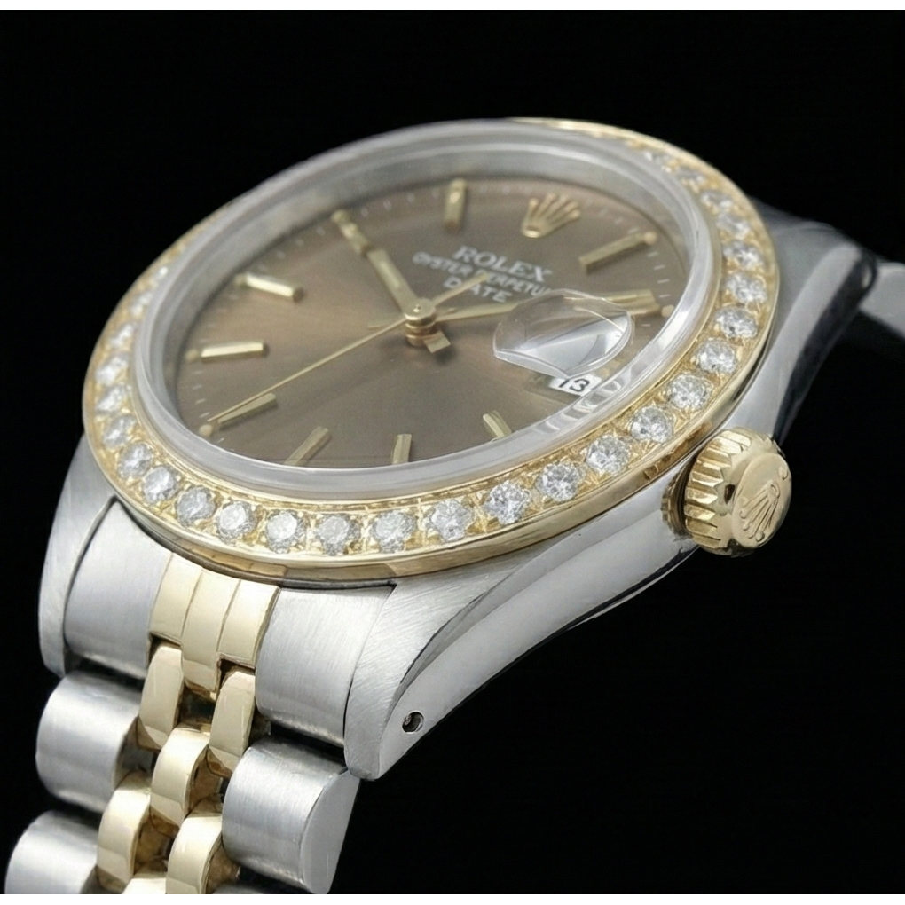 Rolex Date Champagner Stick Zifferblatt Diamant Lünette Betrachten Edelstahl & Jubilee