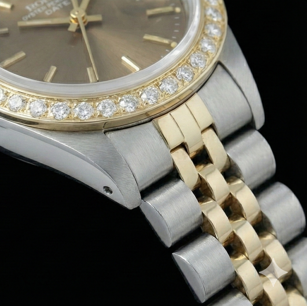 Rolex Date Champagner Stick Zifferblatt Diamant Lünette Betrachten Edelstahl & Jubilee