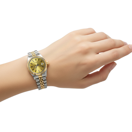Rolex Date Damenuhr Jubilee mit geriffelter Lünette und Champagner-Zifferblatt P2