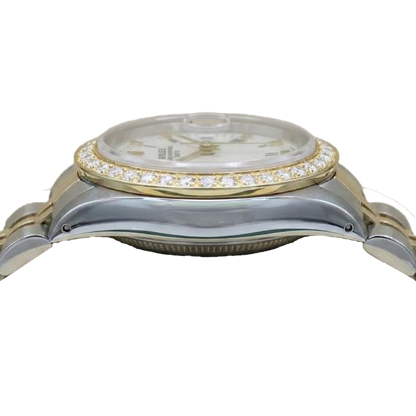 Rolex Date Damenuhr Jubilee mit weißem römischem Zifferblatt und Diamantlünette