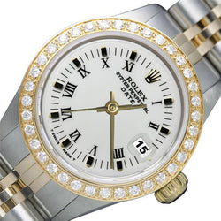 Rolex Date Damenuhr Jubilee mit weißem römischem Zifferblatt und Diamantlünette