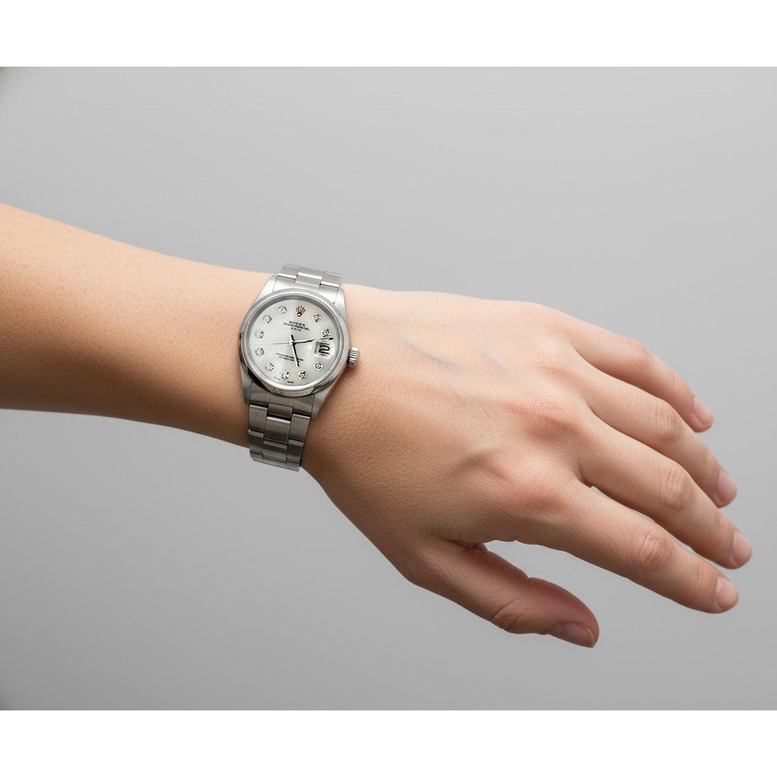 Rolex Date Edelstahluhr mit weißem Perlmutt-Diamant-Zifferblatt, 34 mm