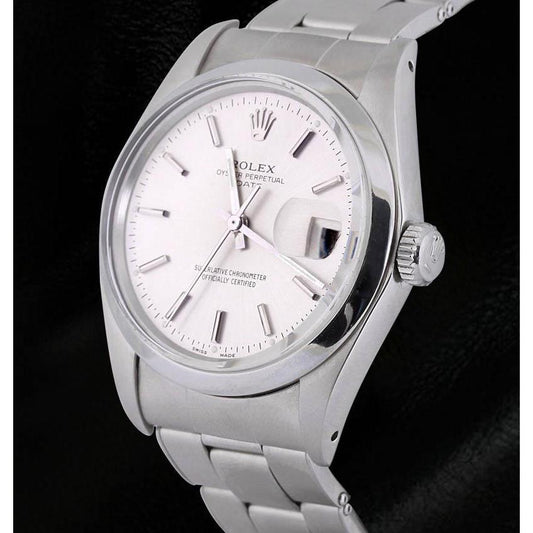 Rolex Date Herrenuhr mit weißem Stick-Zifferblatt und Oyster-Armband Edelstahl