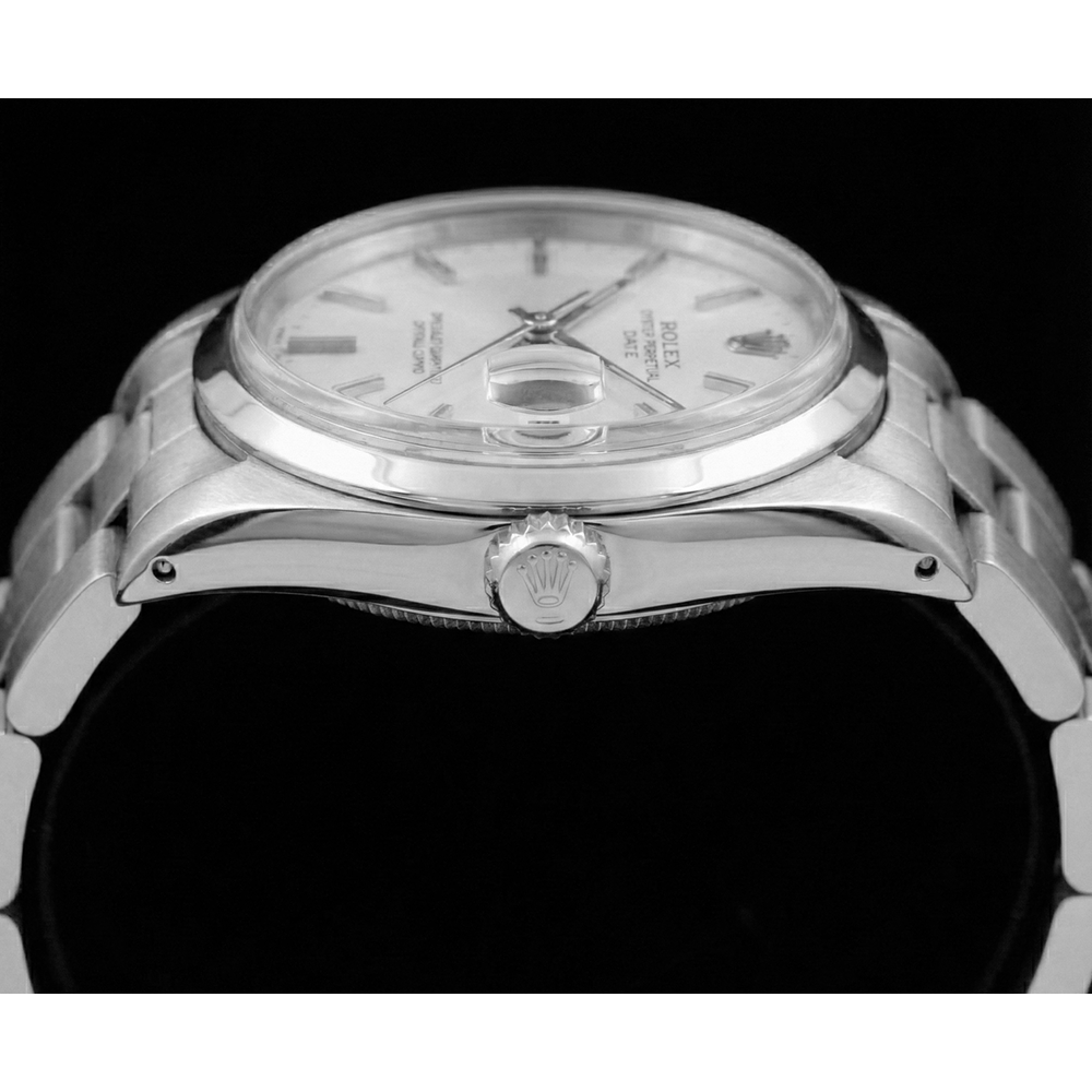 Rolex Date Herrenuhr mit weißem Stick-Zifferblatt und Oyster-Armband Edelstahl