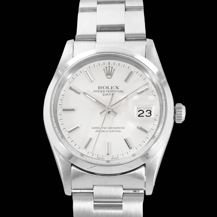 Rolex Date Herrenuhr mit weißem Stick-Zifferblatt und Oyster-Armband Edelstahl