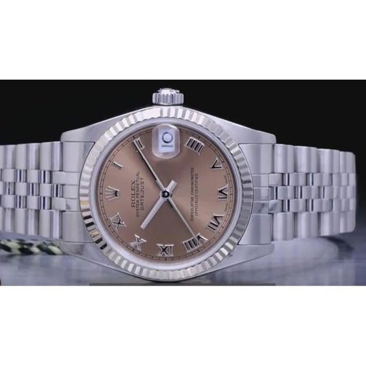 Rolex Date Just 36 mm Herrenuhr mit geriffelter Lünette, lachsfarbenes römisches Zifferblatt, SCHNELLES EINSTELLEN 16220
