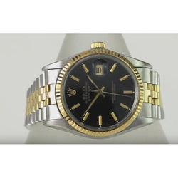 Rolex Date Just 36 mm Herrenuhr, zweifarbiges Oyster-Armband, schwarzes Zifferblatt, SCHNELLSET