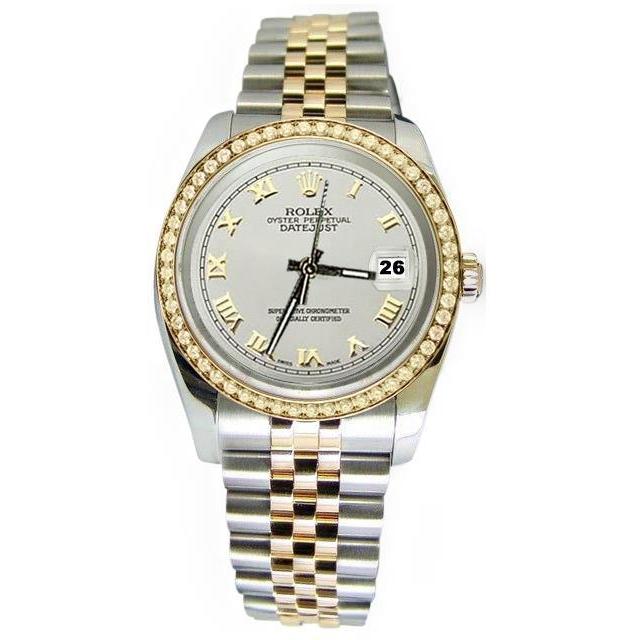 Rolex Date Just Betrachten Jubilee mit weißem römischem Zifferblatt und Diamantlünette