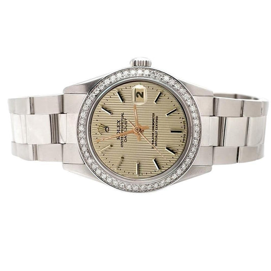 Rolex Date Just Betrachten mit elfenbeinfarbenem Stick-Zifferblatt und Diamantlünette Edelstahl Oyster