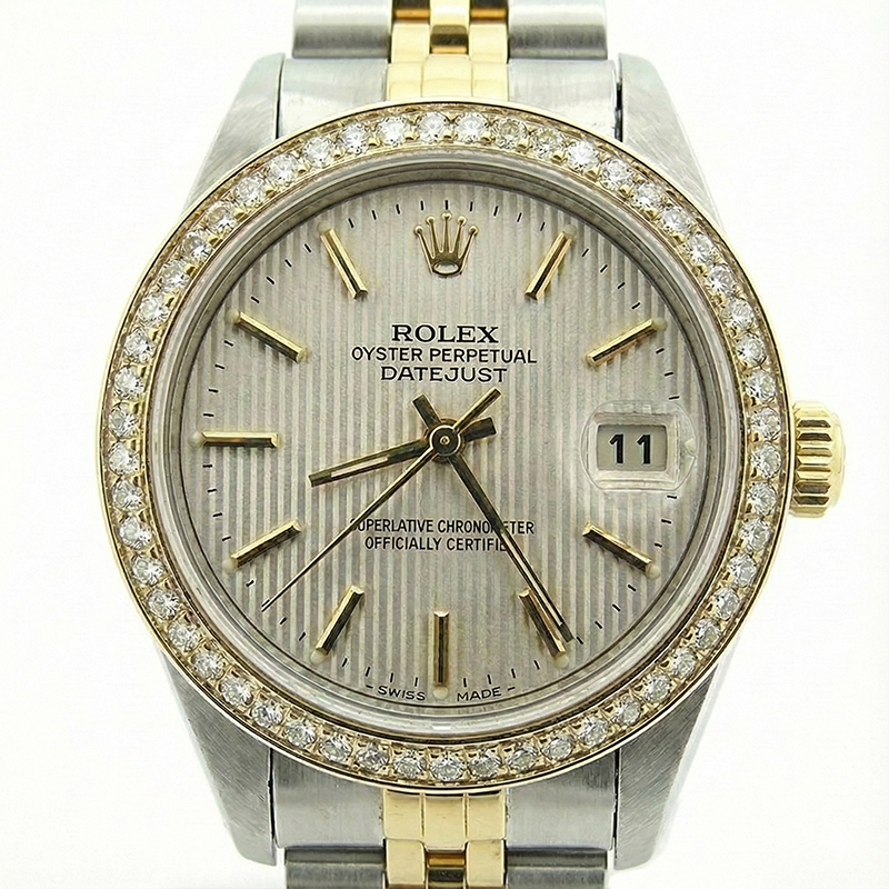Rolex Date Just Dame Uhr, weißes Zifferblatt, Edelstahl und Gelbgold