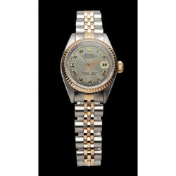 Rolex Date Just Damenuhr aus Edelstahl und geriffelter Lünette aus Gelbgold