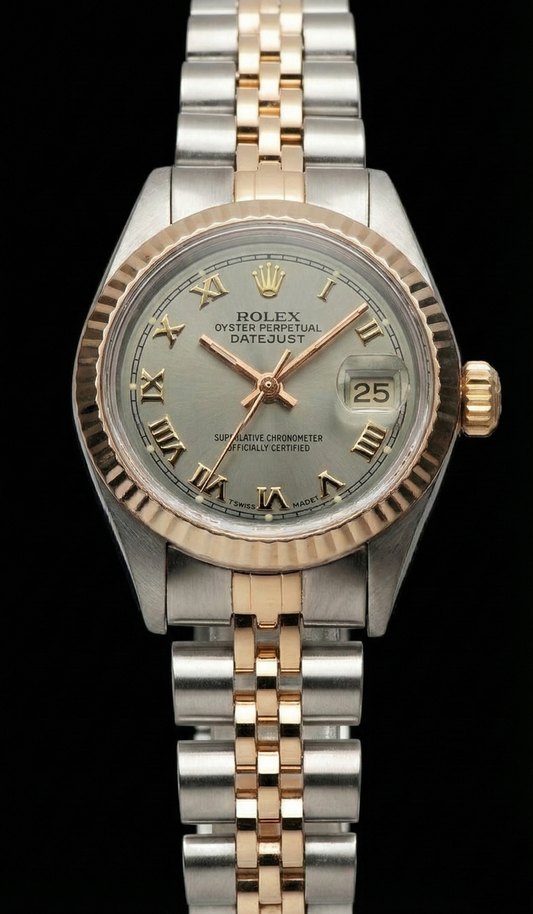 Rolex Date Just Damenuhr aus Edelstahl und geriffelter Lünette aus Gelbgold