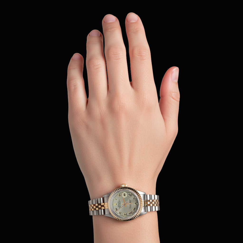 Rolex Date Just Damenuhr aus Edelstahl und geriffelter Lünette aus Gelbgold P2