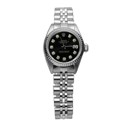 Rolex Date Just Edelstahl Damen-Damenuhr mit schwarzem Diamant-Zifferblatt
