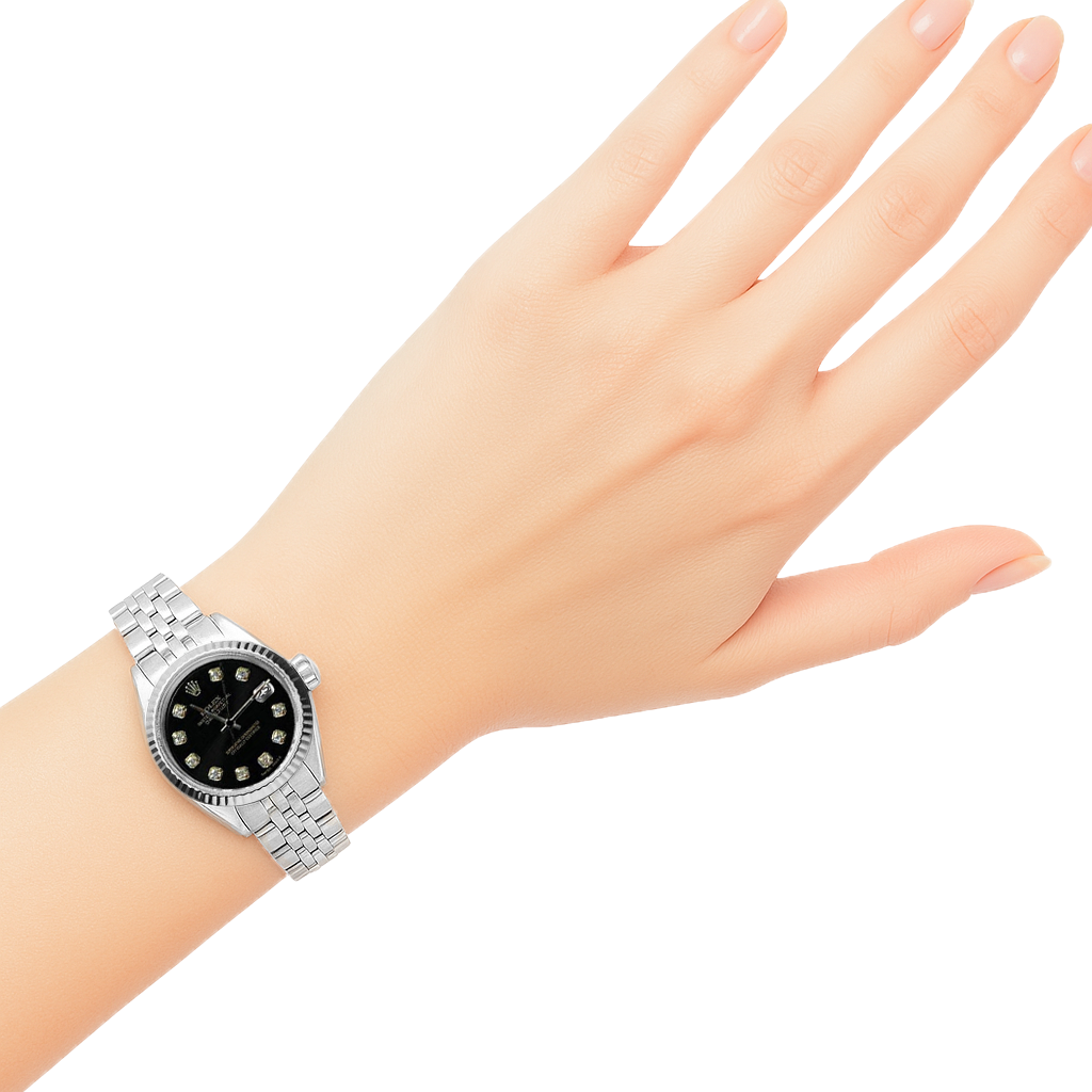 Rolex Date Just Edelstahl Damen-Damenuhr mit schwarzem Diamant-Zifferblatt P1