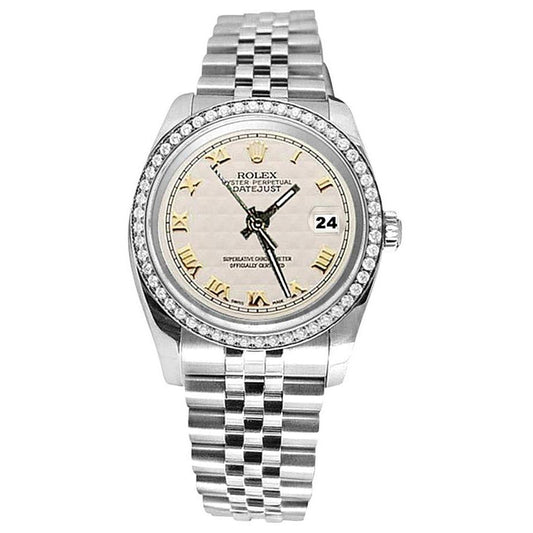 Rolex Date Just Edelstahl Uhrenarmband, weißes römisches Zifferblatt, Diamantlünette, SCHNELLSET
