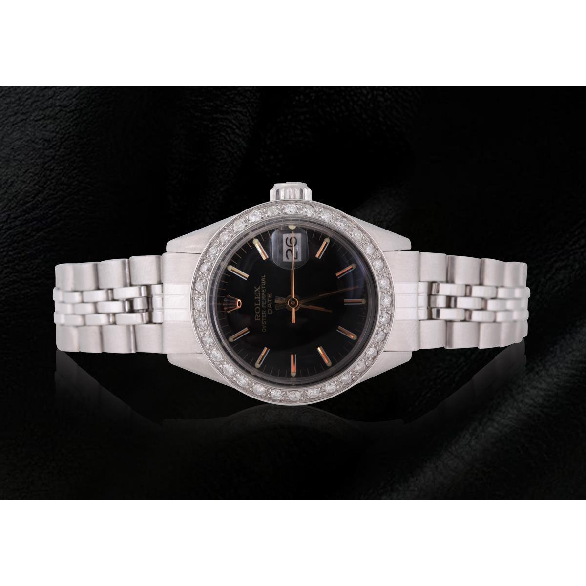 Rolex Date Schwarz Stick Zifferblatt Diamant Lünette Damenuhr Edelstahl Jubilee