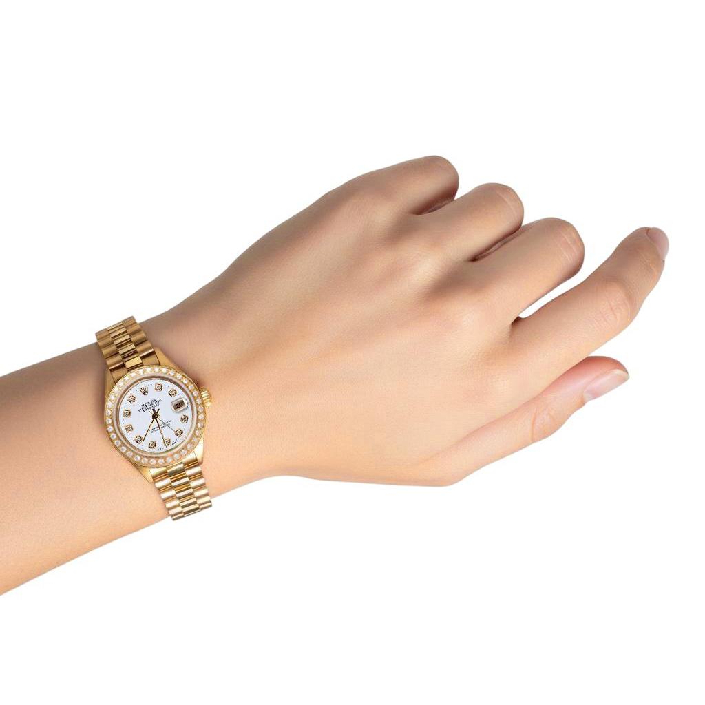 Rolex Date just-Uhr im Präsidentenstil, goldene Lünette, Diamant-Zifferblatt, Rolex P2