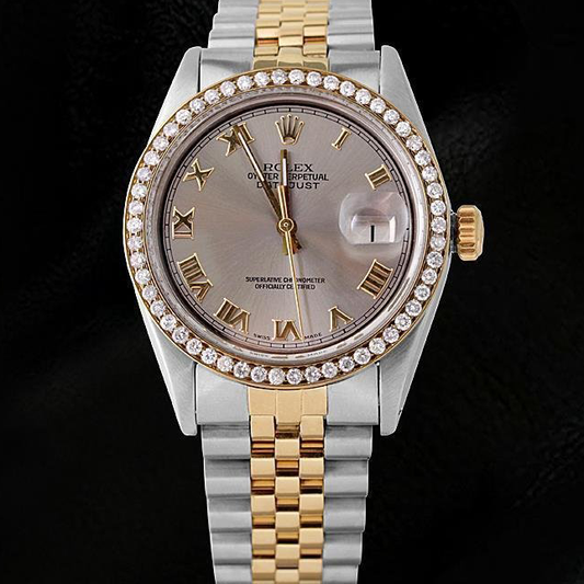 Rolex Date just Diamant Lünette Herrenuhr, zweifarbig, Jubilee-Grau, römisches Zifferblatt