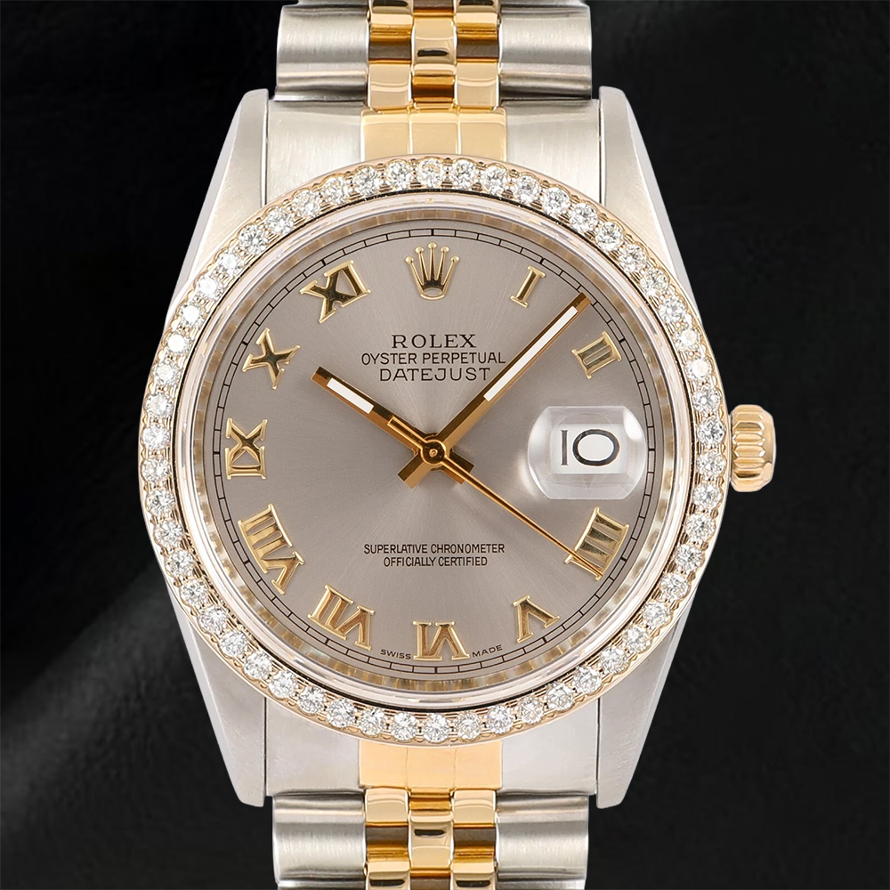 Rolex Date just Diamant Lünette Herrenuhr, zweifarbig, Jubilee-Grau, römisches Zifferblatt
