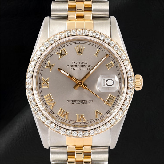 Rolex Date just Diamant Lünette Herrenuhr, zweifarbig, Jubilee-Grau, römisches Zifferblatt