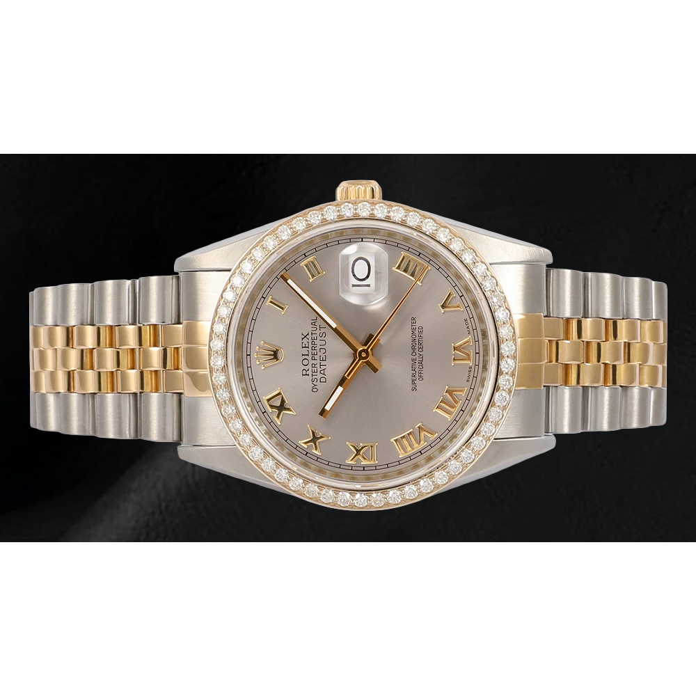 Rolex Date just Diamant Lünette Herrenuhr, zweifarbig, Jubilee-Grau, römisches Zifferblatt
