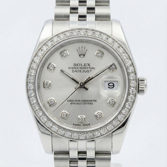 Rolex Date just Mittelgroß 31 mm Uhr, individuelles Diamant-Zifferblatt, Jubilee-Armband, rostfrei