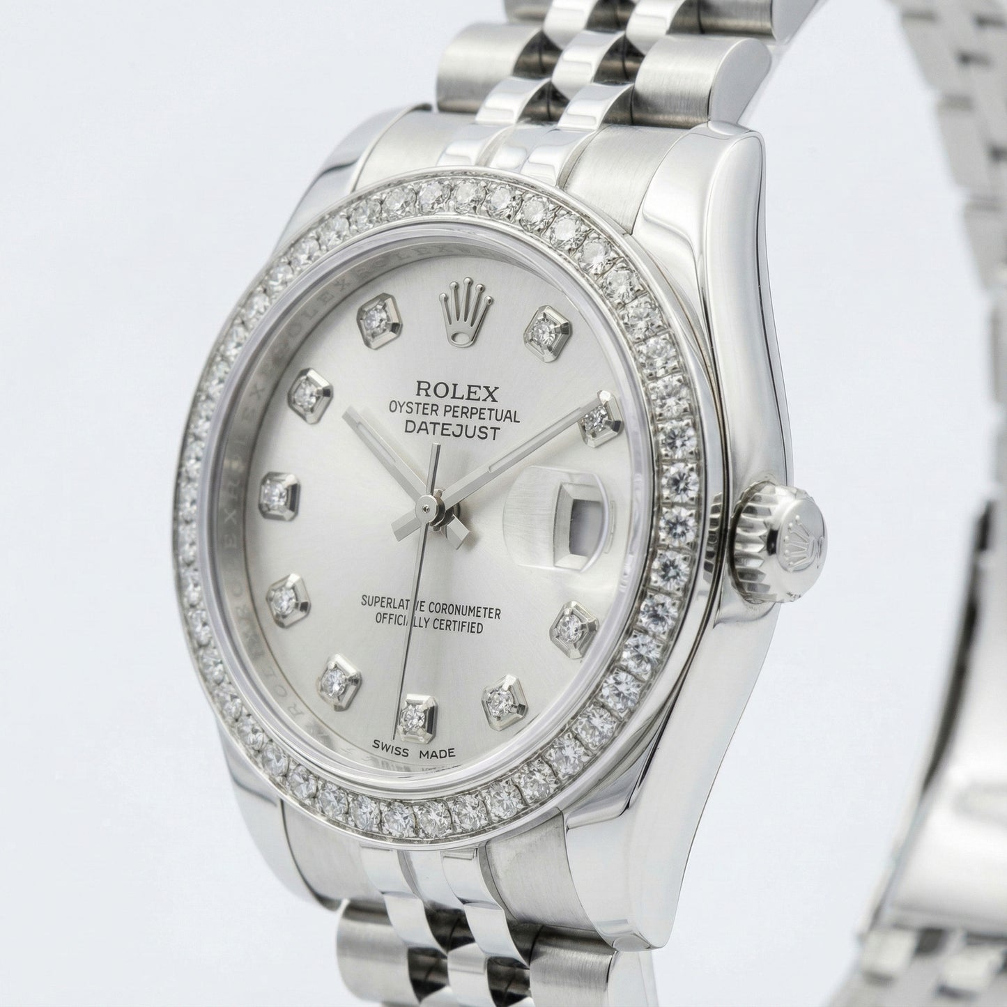 Rolex Date just Mittelgroß 31 mm Uhr, individuelles Diamant-Zifferblatt, Jubilee-Armband, rostfrei