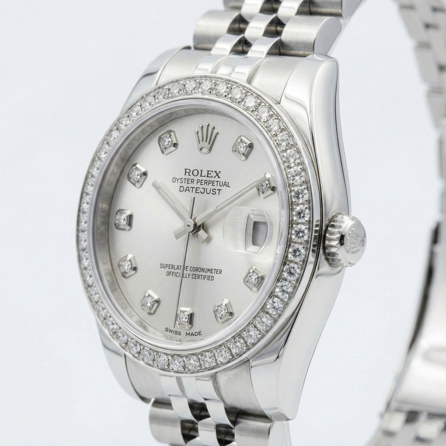 Rolex Date just Mittelgroß 31 mm Uhr, individuelles Diamant-Zifferblatt, Jubilee-Armband, rostfrei