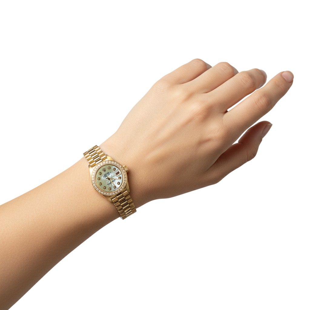 Rolex Date just Präsidentenstil Uhr, weißes Mop-Diamant-Zifferblatt, Lünette, Gold P2