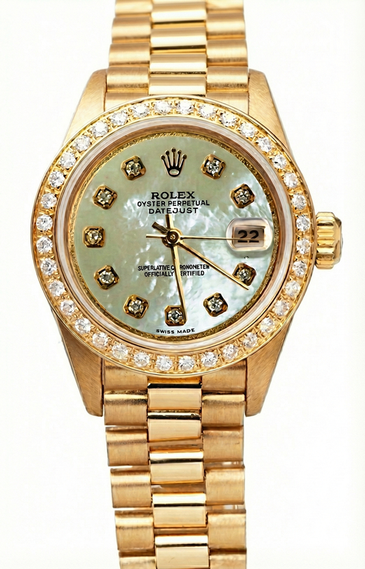 Rolex Date just Präsidentenstil Uhr, weißes Mop-Diamant-Zifferblatt, Lünette, Gold