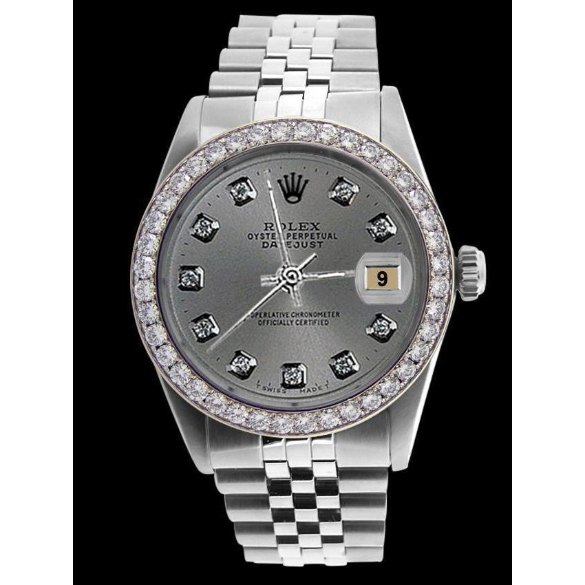 Rolex Date just Weiß Mop römisches Zifferblatt, Diamantlünette, Edelstahl-Jubiläumsarmband, SCHNELLES SET
