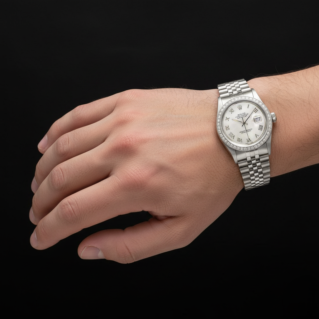 Rolex Date just Weiß Mop römisches Zifferblatt, Diamantlünette, Edelstahl-Jubiläumsarmband, SCHNELLES SET