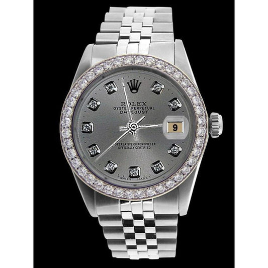 Rolex Date just Weiß Mop römisches Zifferblatt, Diamantlünette, Edelstahl-Jubiläumsarmband, SCHNELLES SET