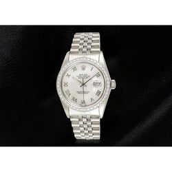 Rolex Date just Weiß Mop römisches Zifferblatt, Diamantlünette, Edelstahl-Jubiläumsarmband, SCHNELLES SET