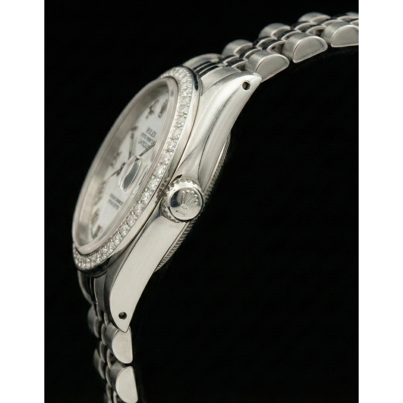 Rolex Date just Weiß Mop römisches Zifferblatt, Diamantlünette, Edelstahl-Jubiläumsarmband, SCHNELLES SET