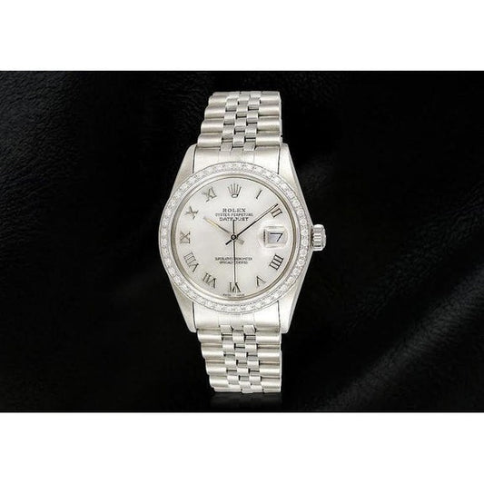 Rolex Date just Weiß Mop römisches Zifferblatt, Diamantlünette, Edelstahl-Jubiläumsarmband, SCHNELLES SET