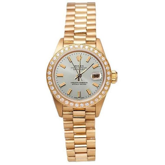 Rolex Date just weißes Stabzifferblatt Präsidentenstil Uhr mit Diamantlünette und Gold