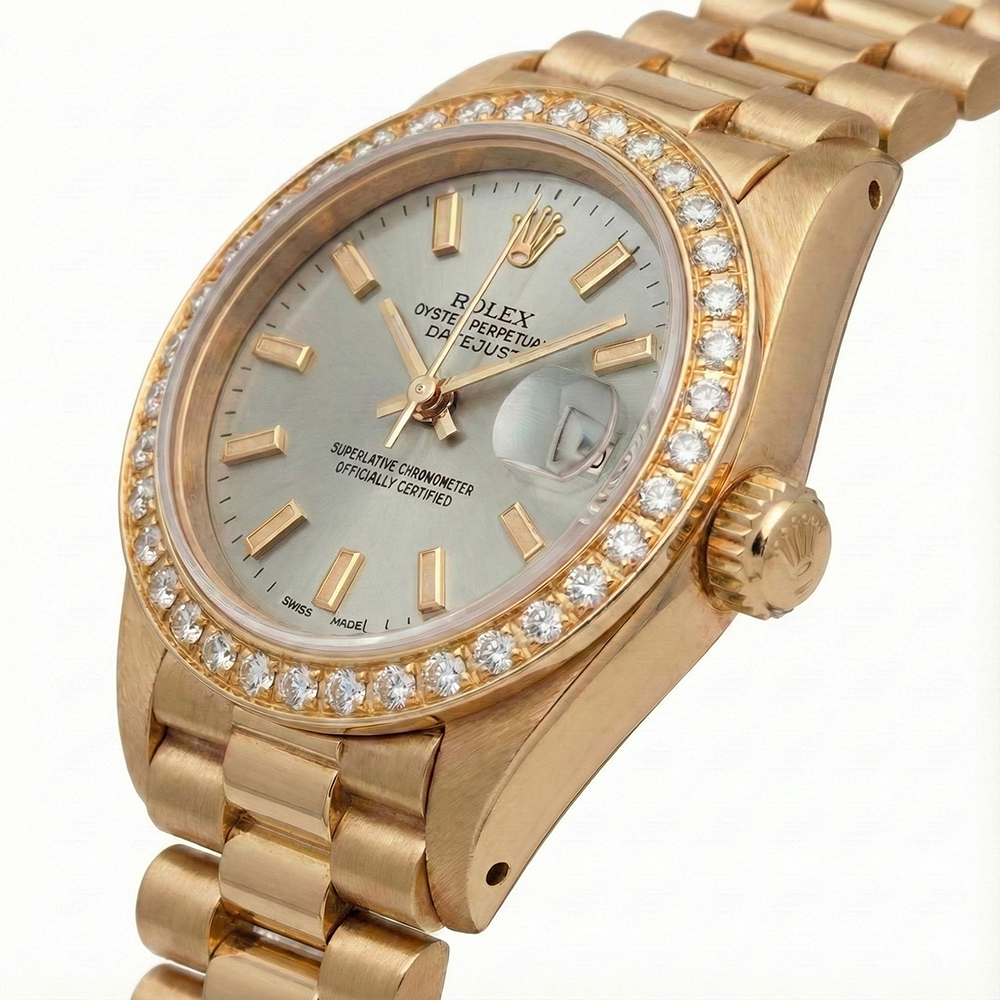 Rolex Date just weißes Stabzifferblatt Präsidentenstil Uhr mit Diamantlünette und Gold
