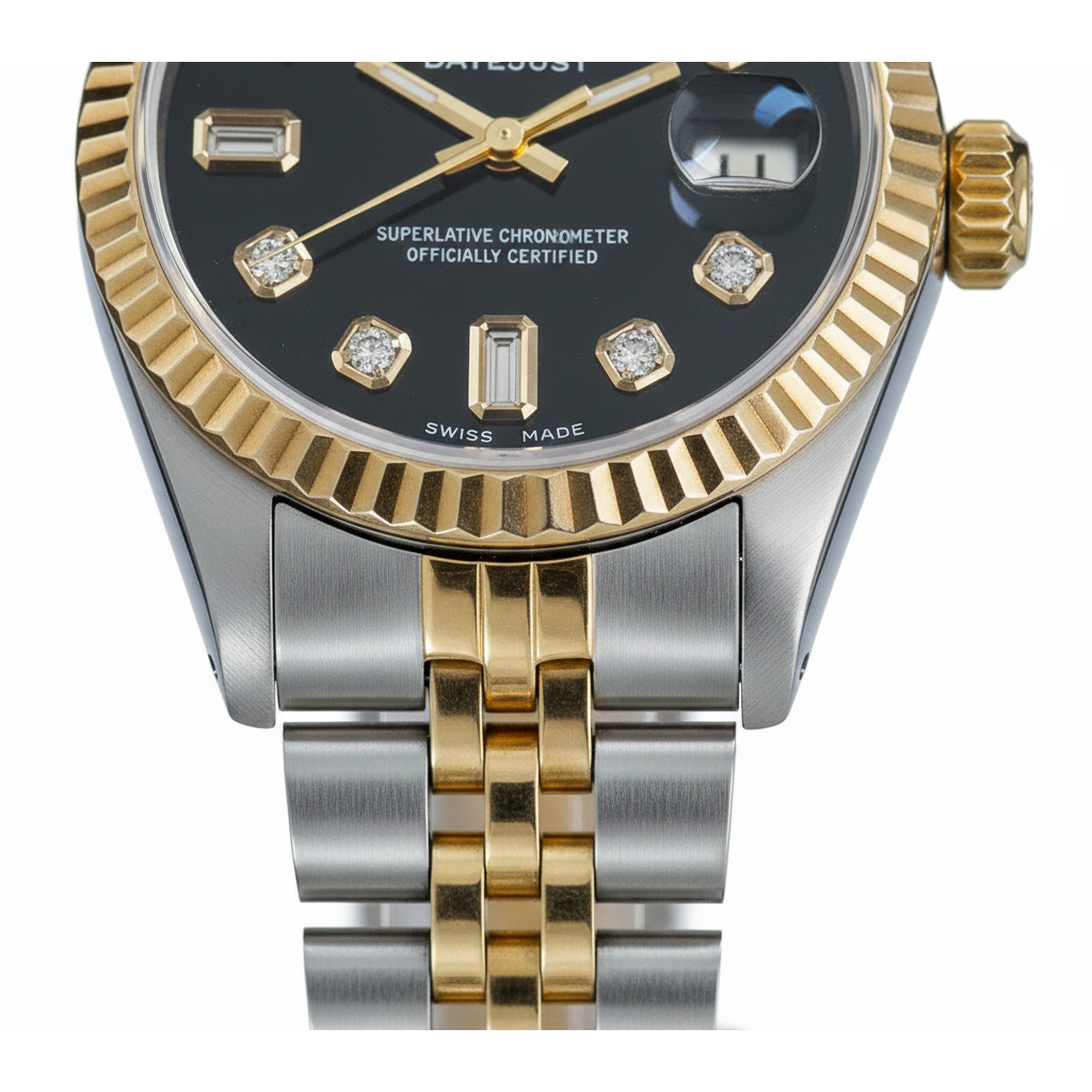 Rolex Datejust-Uhr aus Edelstahl mit geriffelter Lünette und goldenem Baguette-Diamant-Zifferblatt