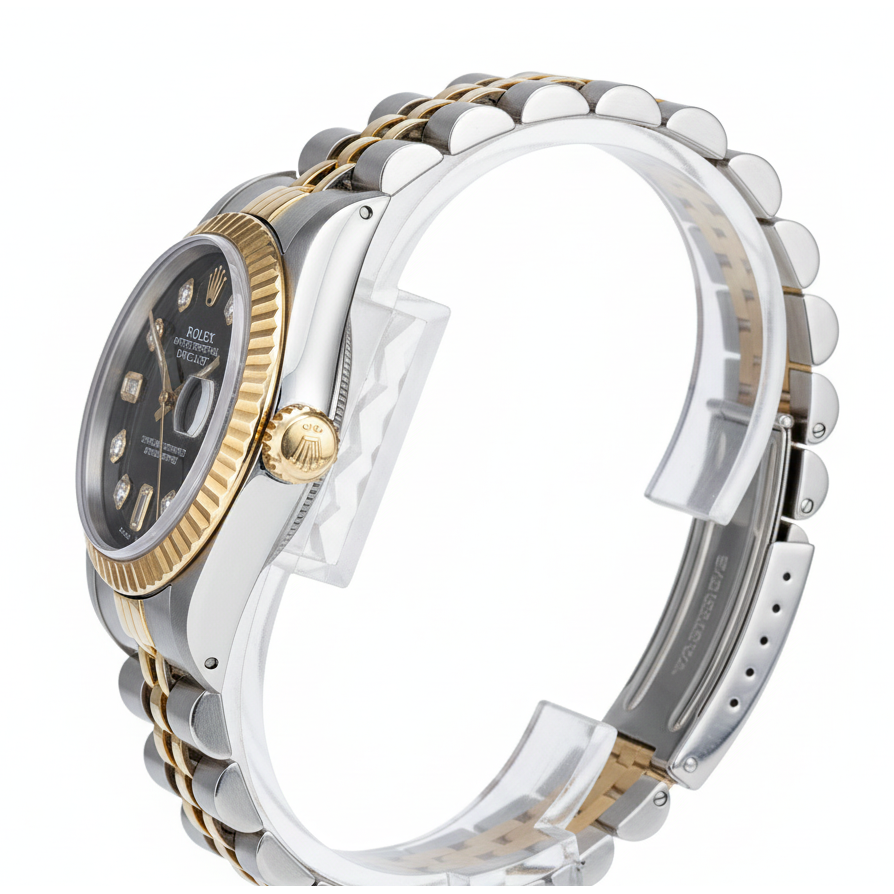 Rolex Datejust-Uhr aus Edelstahl mit geriffelter Lünette und goldenem Baguette-Diamant-Zifferblatt