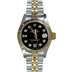 Rolex Datejust-Uhr aus Edelstahl mit geriffelter Lünette und goldenem Baguette-Diamant-Zifferblatt