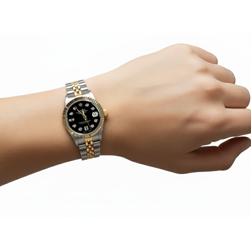 Rolex Datejust-Uhr aus Edelstahl mit geriffelter Lünette und goldenem Baguette-Diamant-Zifferblatt P2