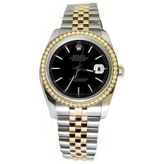 Rolex Datejust-Uhr aus massivem Gold und Stahl mit Stick-Zifferblatt und Diamantlünette. SCHNELLES SET
