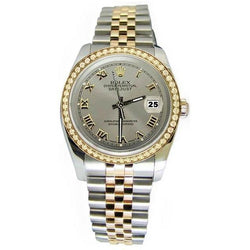 Rolex Datejust-Uhr mit Diamantlünette, graues römisches Zifferblatt, zweifarbig, SCHNELLSET